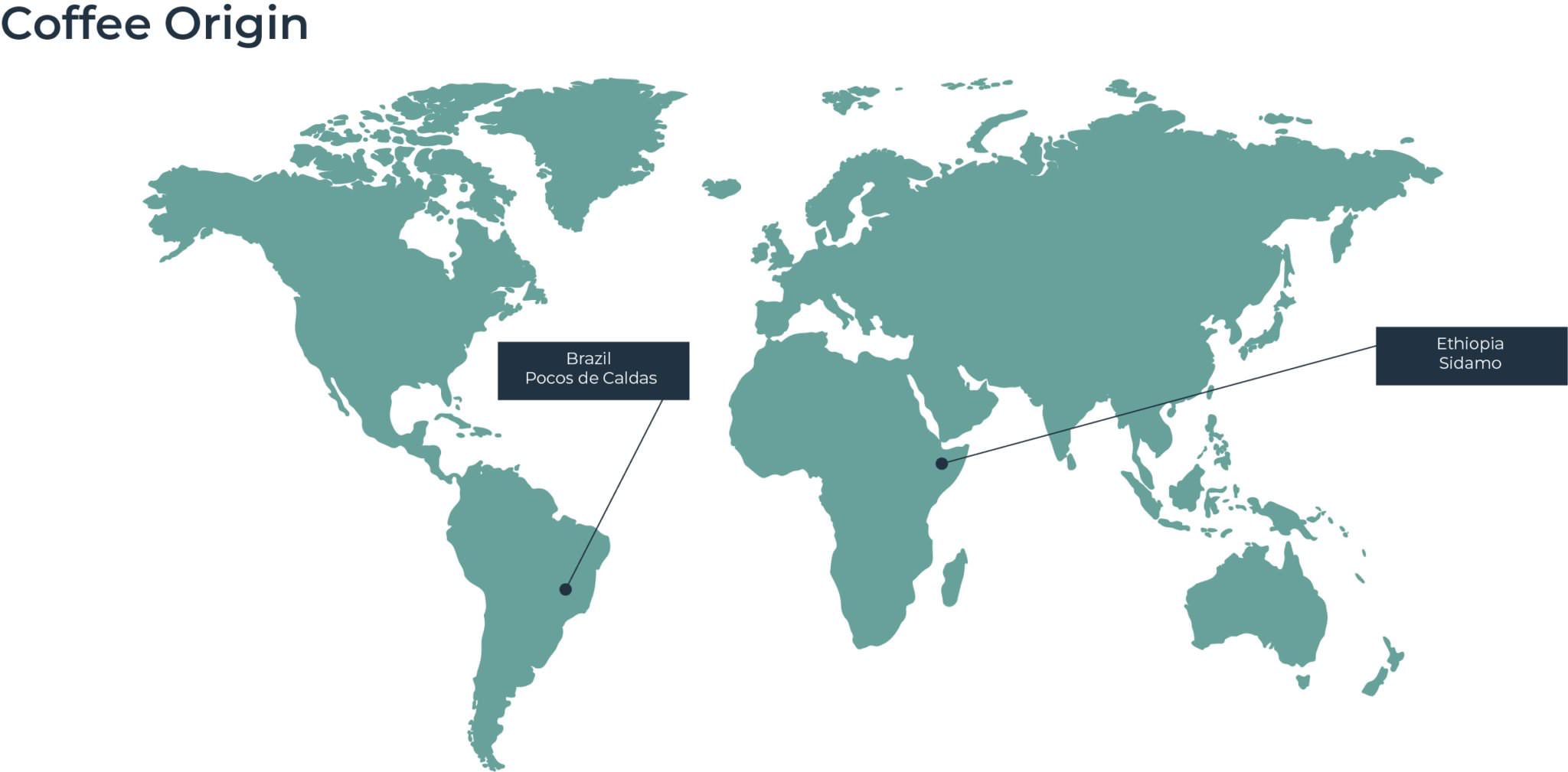 World map pinpointing Brazil and Ethiopia