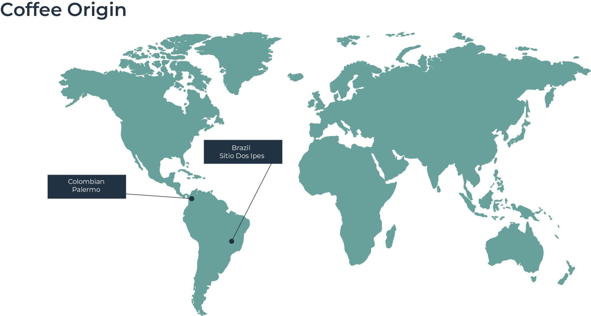 World Map pinpointing Colombia and Brazil